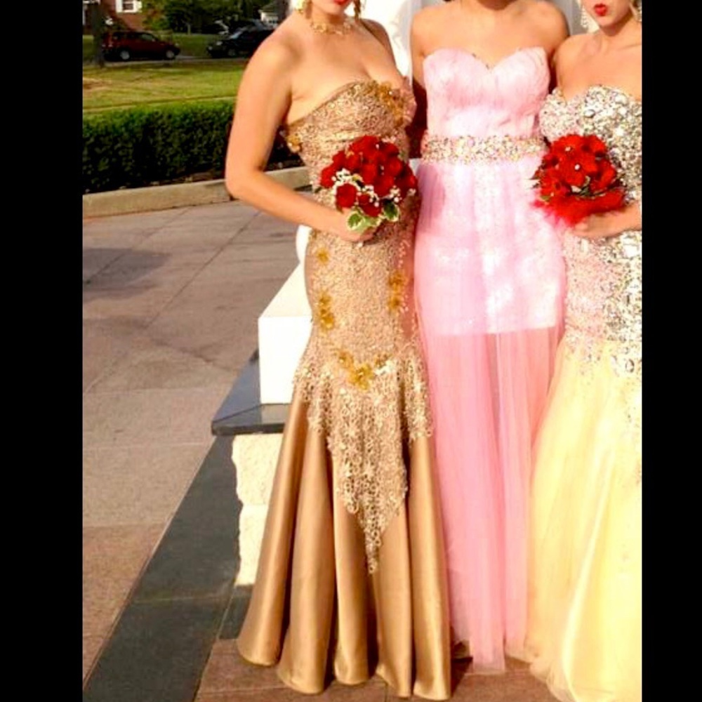 Gold mermaid floral prom dress